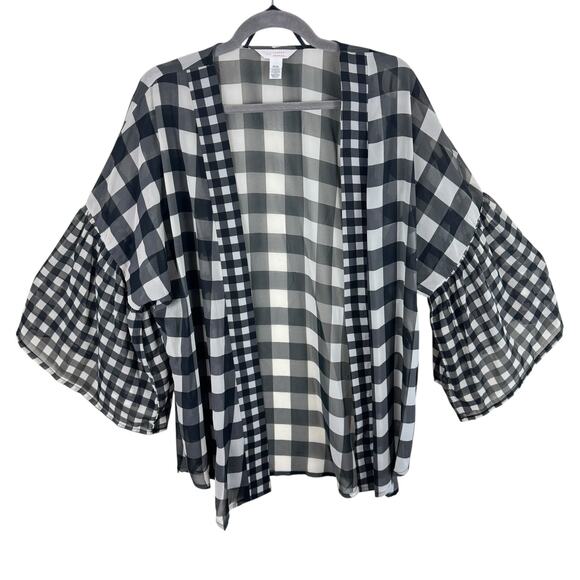 LC Lauren Conrad Black White Checkered Gingham Bell Sleeve Open Sheer Blouse OS - Picture 3 of 8